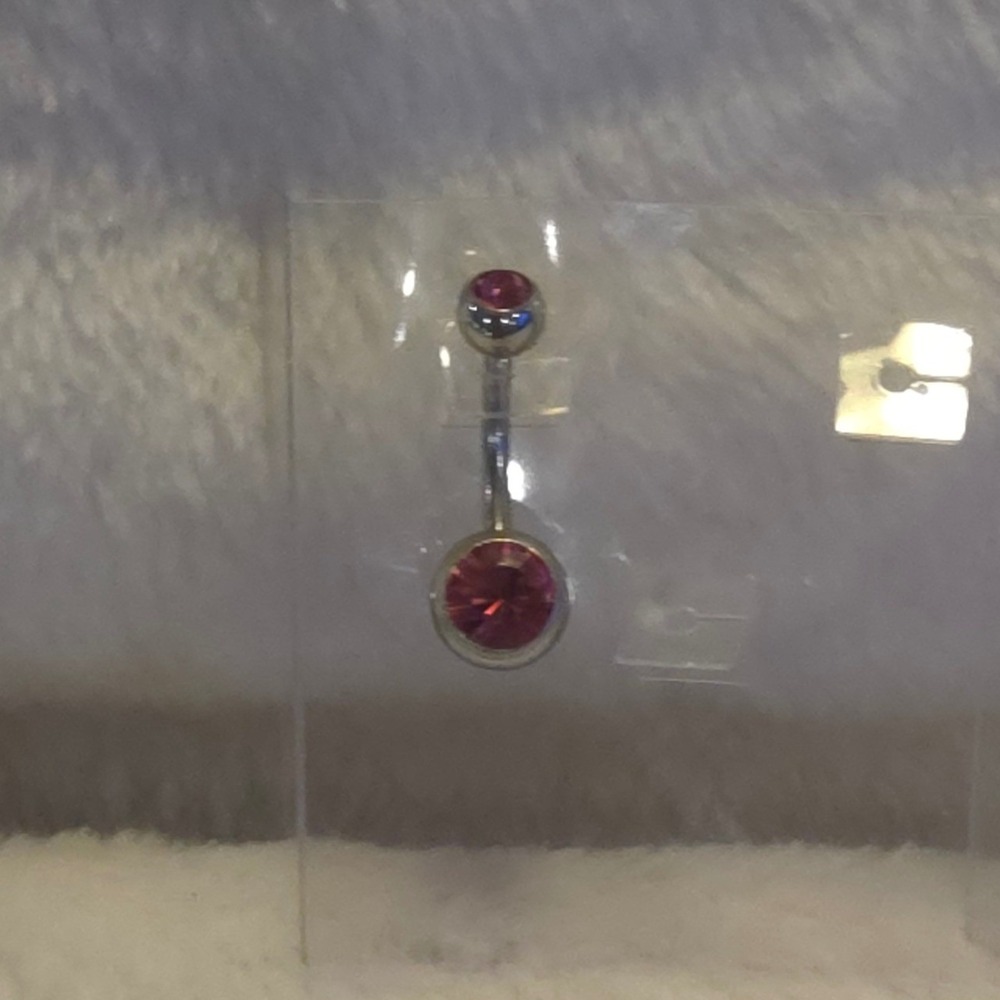 Pink Rhinestone Double Gem Navel Ring Surgical Steel Curved Barbell 1 Inch